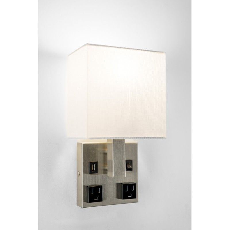 Satin Nickel Single Wall Lamp with USB & Outlets | LOGSNSWL-2345