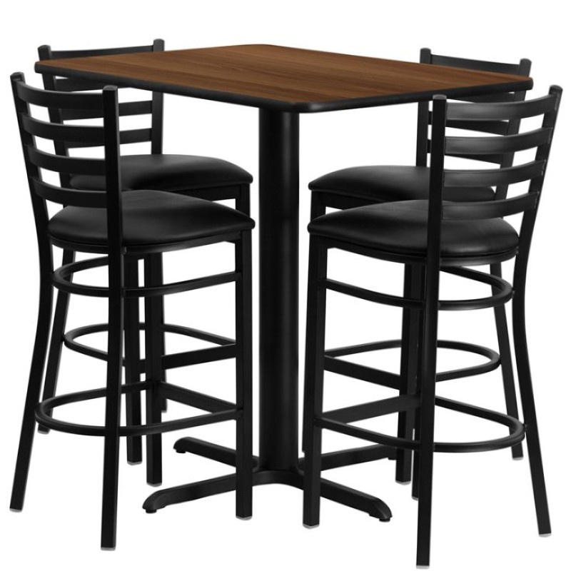 Rectangular Walnut Laminate Table Set with 4 Ladder Back Metal Barstools - Black Vinyl Seat Rectangular Walnut Laminate Table Set with 4 Ladder Back Metal Barstools - Black Vinyl Seat
