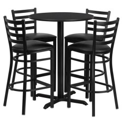 Round Black Laminate Table Set with X-Base and 4 Ladder Back Metal Barstools - Black Vinyl Seat