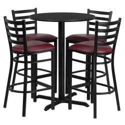 Round Black Laminate Table Set with X-Base and 4 Ladder Back Metal Barstools - Burgundy Vinyl Seat