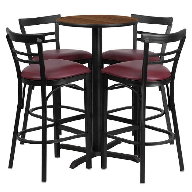 Round Walnut Laminate Table Set with X-Base and 4 Two-Slat Ladder Back Metal Barstools - Burgundy Vinyl Seat Round Walnut Laminate Table Set with X-Base and 4 Two-Slat Ladder Back Metal Barstools - Burgundy Vinyl Seat