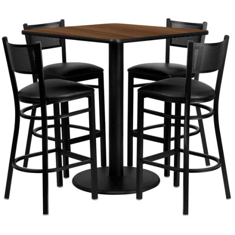 Square Walnut Laminate Table Set with 4 Grid Back Metal Barstools - Black Vinyl Seat