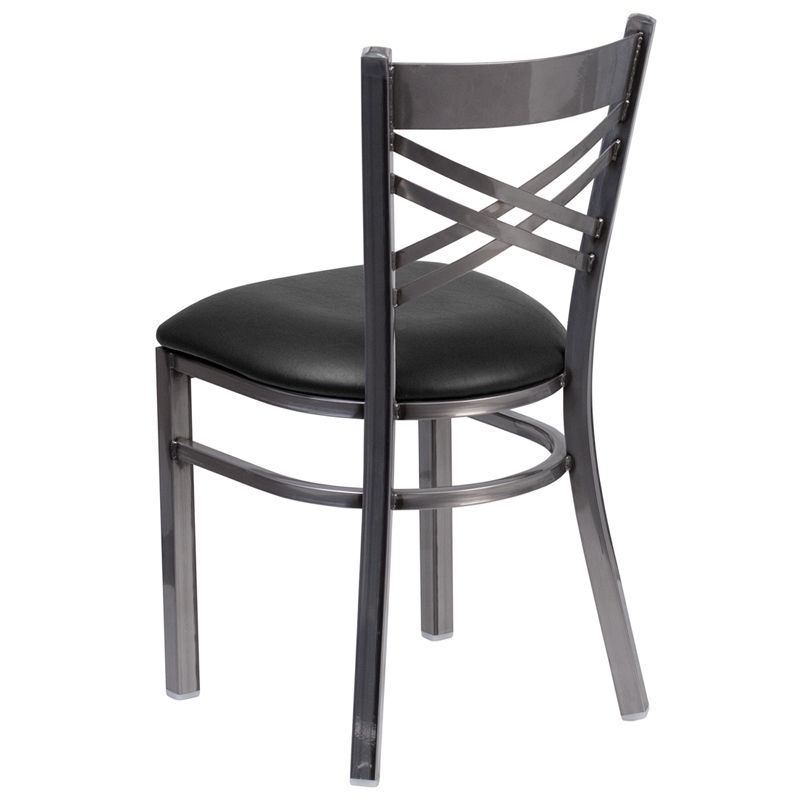 Clear Coated ''X'' Back Metal Restaurant Chair - Black Vinyl Seat