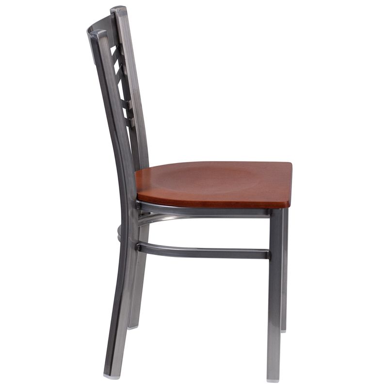 Clear Coated ''X'' Back Metal Restaurant Chair - Cherry Wood Seat