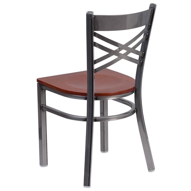 Clear Coated ''X'' Back Metal Restaurant Chair - Cherry Wood Seat