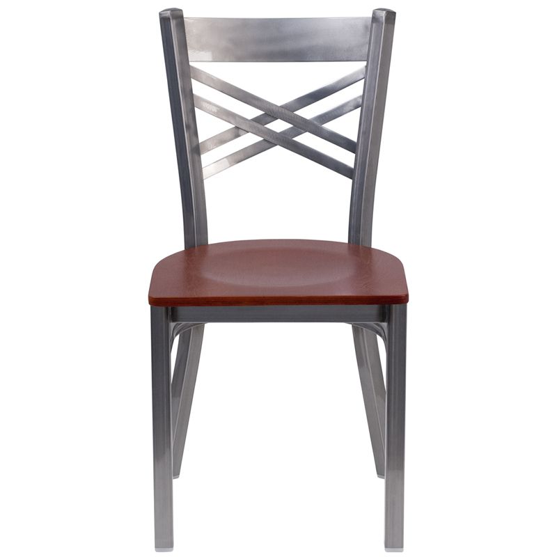 Clear Coated ''X'' Back Metal Restaurant Chair - Cherry Wood Seat
