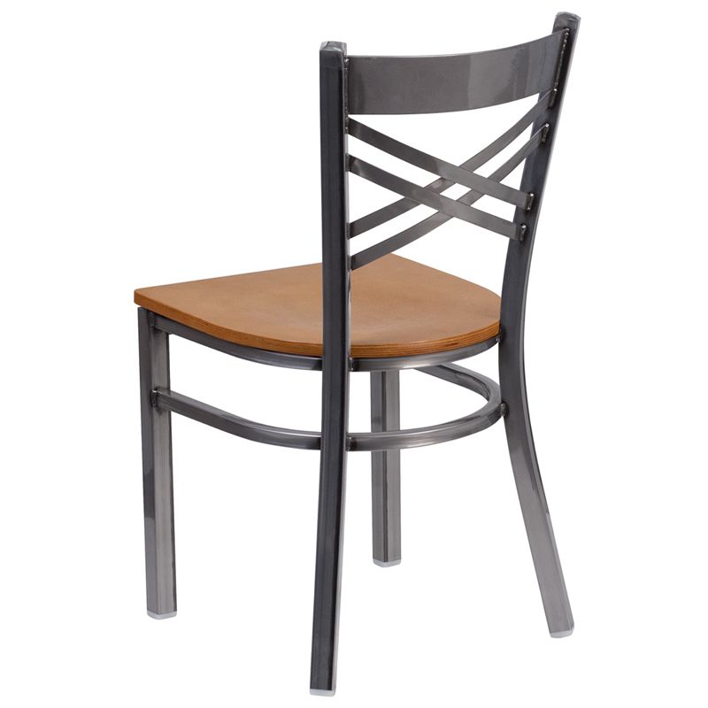 Coated ''X'' Back Metal Restaurant Chair - Natural Wood Seat