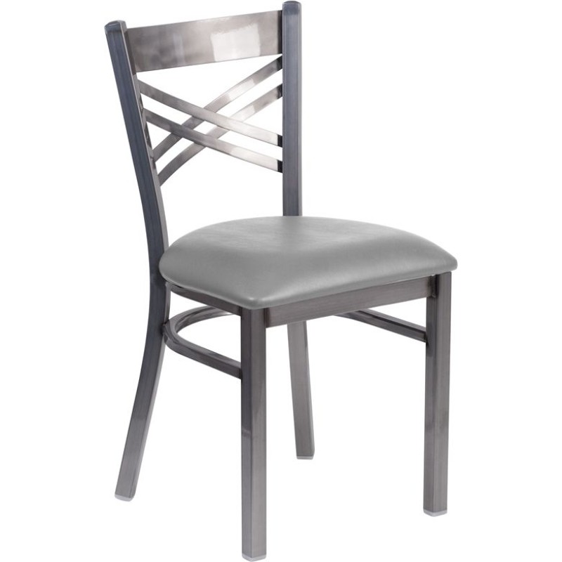 Clear Coated ''X'' Back Metal Restaurant Chair - Custom Upholstered Seat