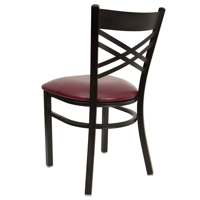 Black ''X'' Back Metal Restaurant Chair - Burgundy Vinyl Seat