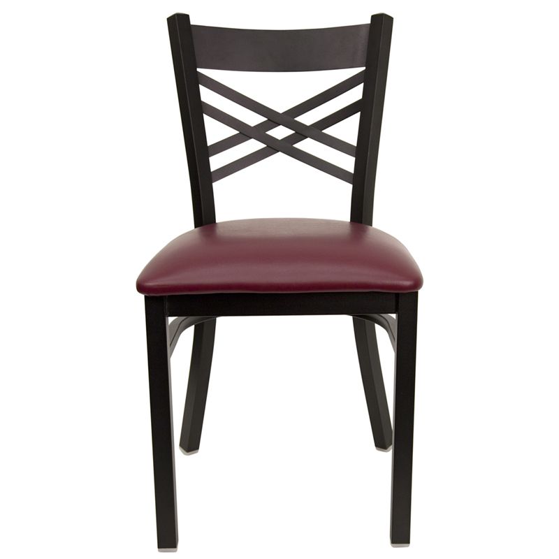 Black ''X'' Back Metal Restaurant Chair - Burgundy Vinyl Seat