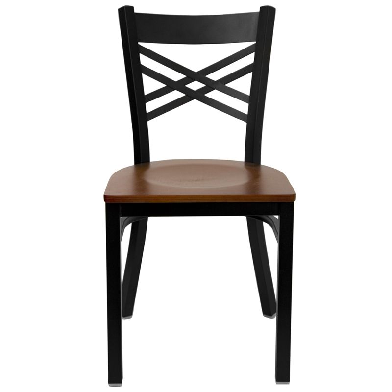 Black ''X'' Back Metal Restaurant Chair - Cherry Wood Seat