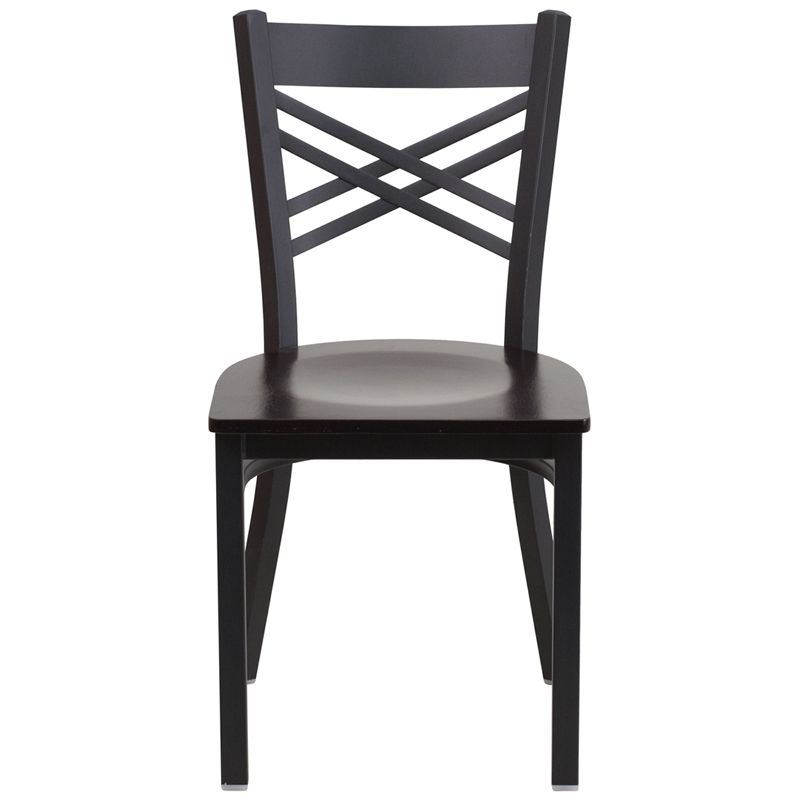 Black ''X'' Back Metal Restaurant Chair - Walnut Wood Seat