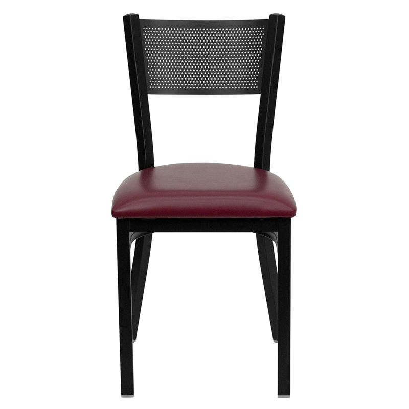 Grid Back Metal Restaurant Chair - Burgundy Vinyl Seat