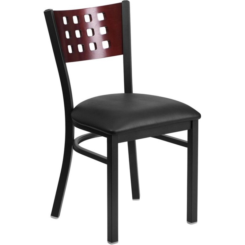 Cutout Back Metal Restaurant Chair - Mahogany Wood Back, Black Vinyl Seat