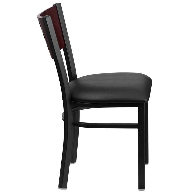 Cutout Back Metal Restaurant Chair - Mahogany Wood Back, Black Vinyl Seat