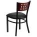 Cutout Back Metal Restaurant Chair - Mahogany Wood Back, Black Vinyl Seat