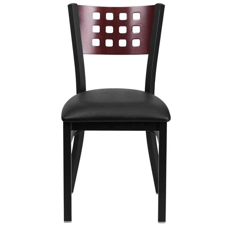 Cutout Back Metal Restaurant Chair - Mahogany Wood Back, Black Vinyl Seat