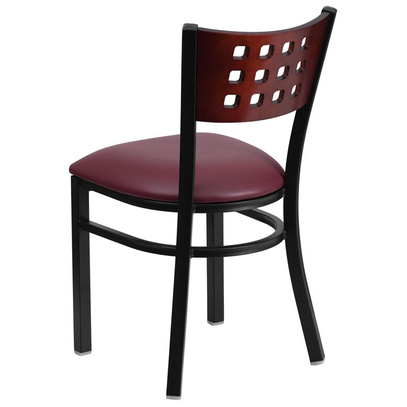 Cutout Back Metal Restaurant Chair - Mahogany Wood Back, Burgundy Vinyl Seat