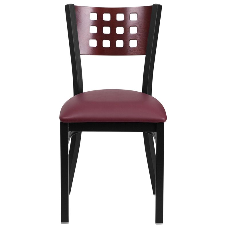 Cutout Back Metal Restaurant Chair - Mahogany Wood Back, Burgundy Vinyl Seat