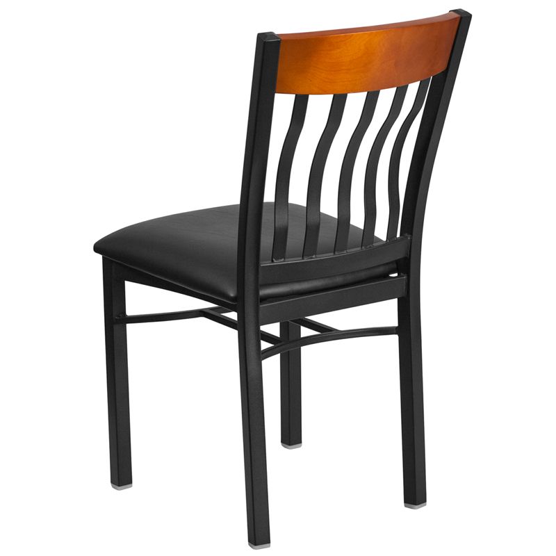 Vertical Back Black Metal and Cherry Wood Restaurant Chair with Black Vinyl Seat