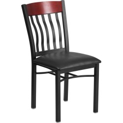 Back Black Metal and Mahogany Wood Restaurant Chair with Black Vinyl Seat
