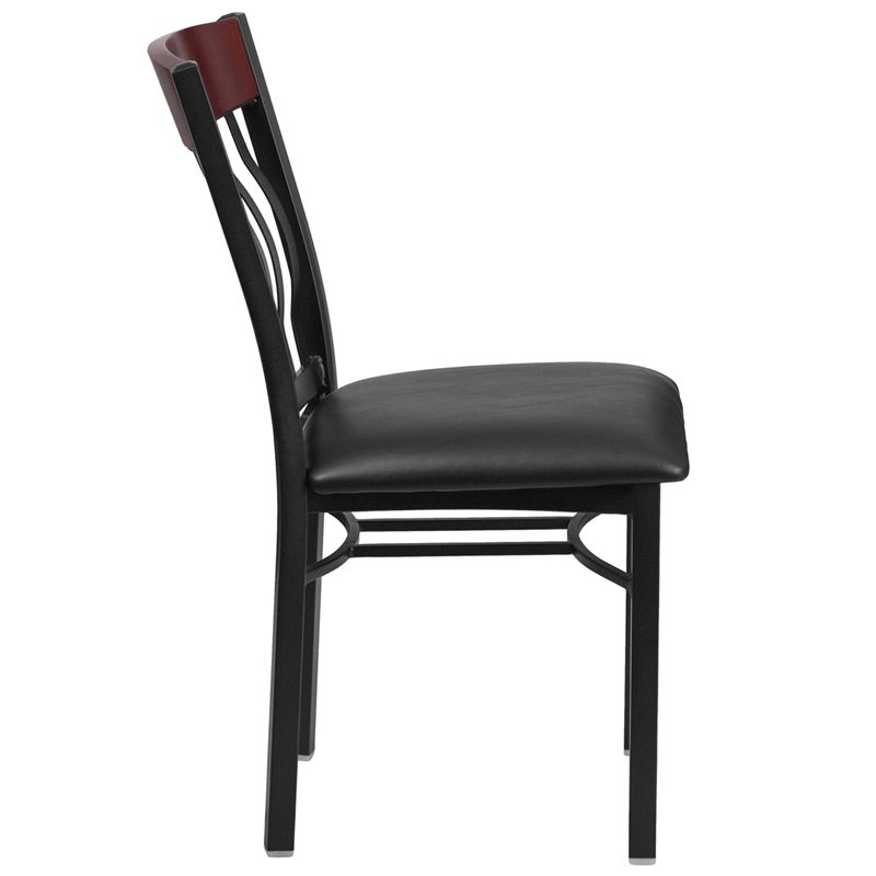 Back Black Metal and Mahogany Wood Restaurant Chair with Black Vinyl Seat