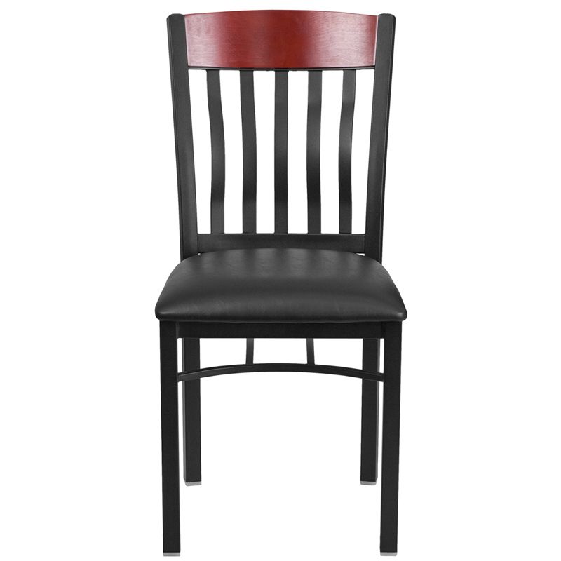Back Black Metal and Mahogany Wood Restaurant Chair with Black Vinyl Seat