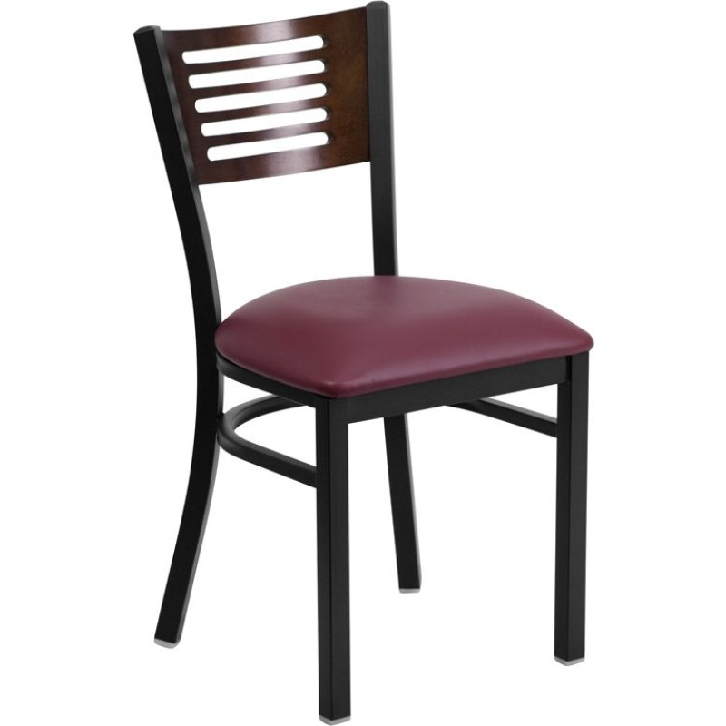 Back Metal Restaurant Chair - Walnut Wood Back, Burgundy Vinyl Seat
