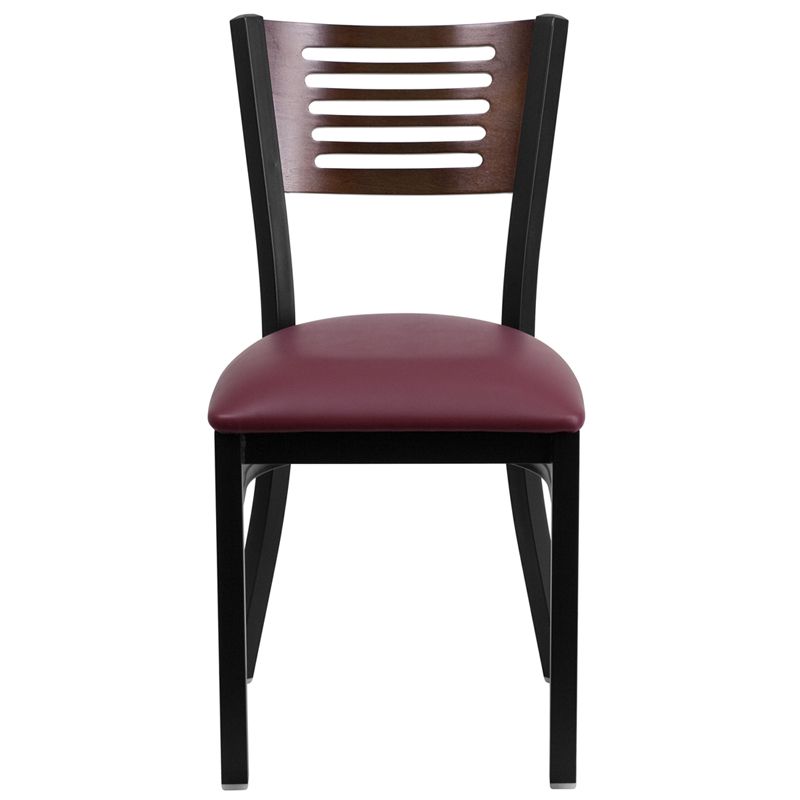 Back Metal Restaurant Chair - Walnut Wood Back, Burgundy Vinyl Seat