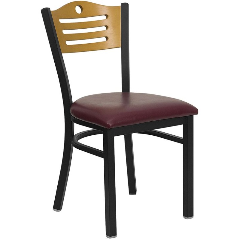 Back Metal Restaurant Chair - Natural Wood Back, Burgundy Vinyl Seat