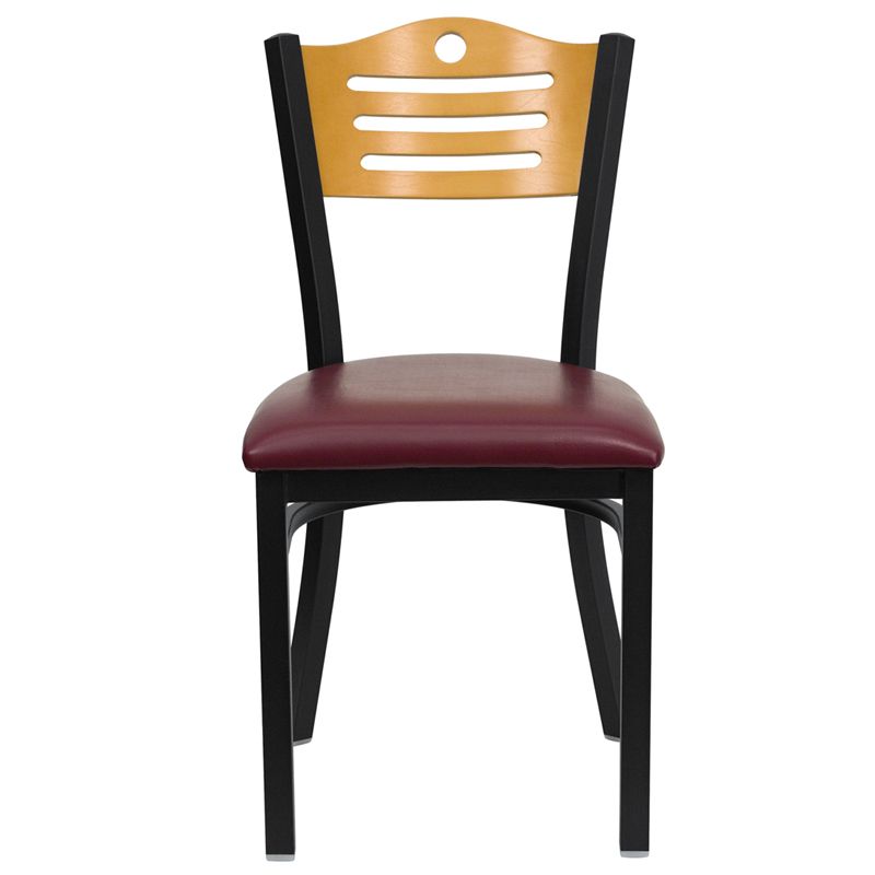 Back Metal Restaurant Chair - Natural Wood Back, Burgundy Vinyl Seat
