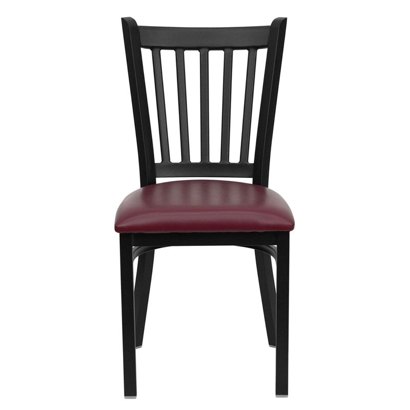 Black Vertical Back Metal Restaurant Chair - Burgundy Vinyl Seat
