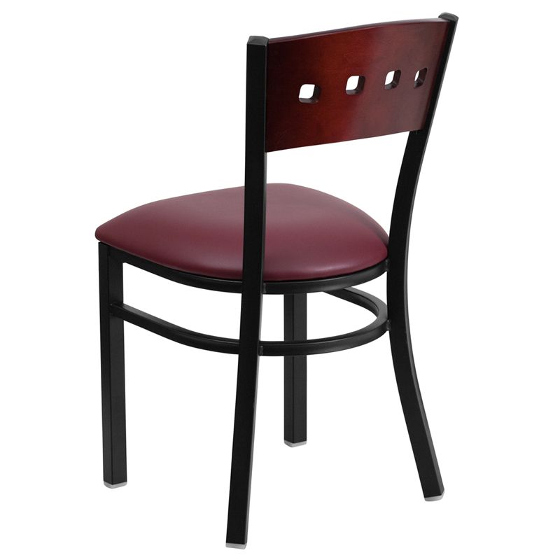 Square Back Metal Restaurant Chair - Mahogany Wood Back, Burgundy Vinyl Seat