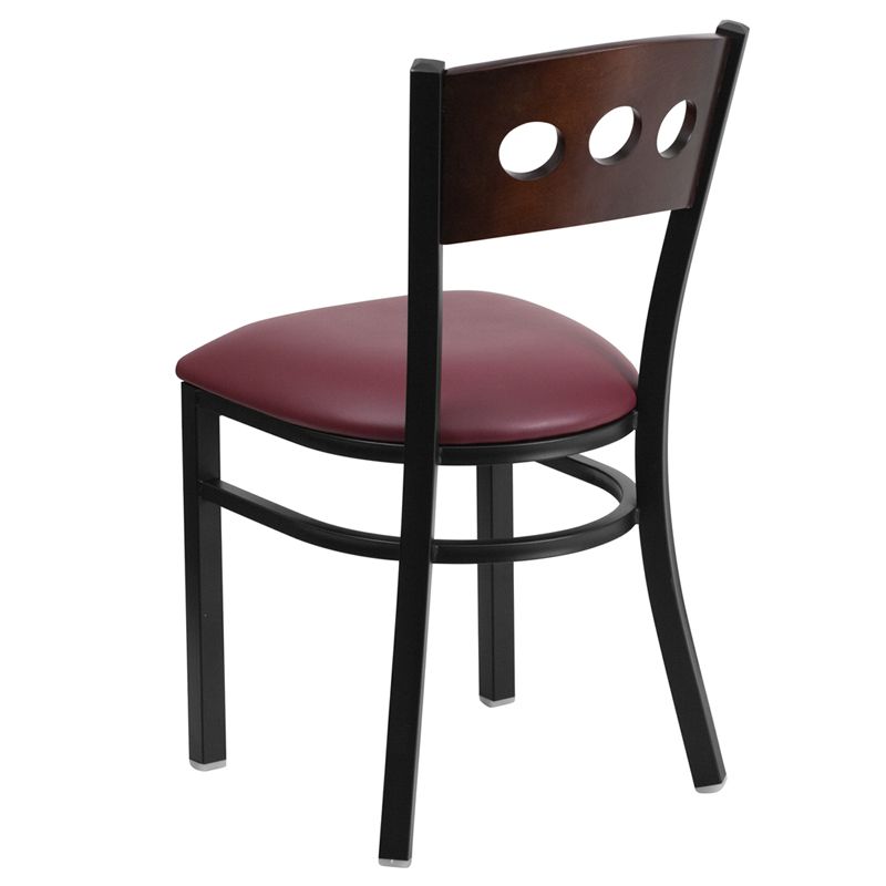 3 Circle Back Metal Restaurant Chair - Walnut Wood Back, Burgundy Vinyl Seat