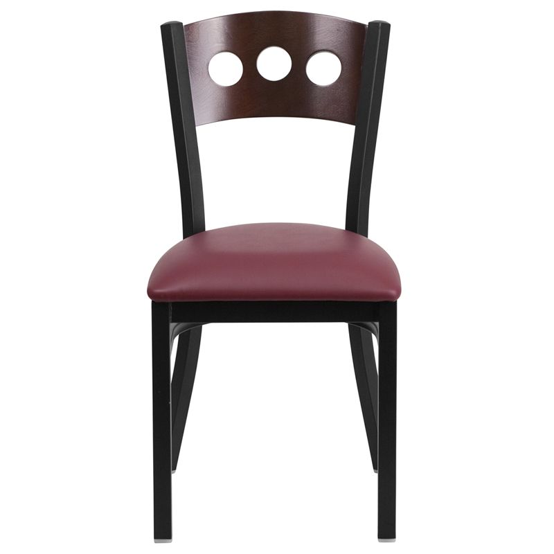 3 Circle Back Metal Restaurant Chair - Walnut Wood Back, Burgundy Vinyl Seat