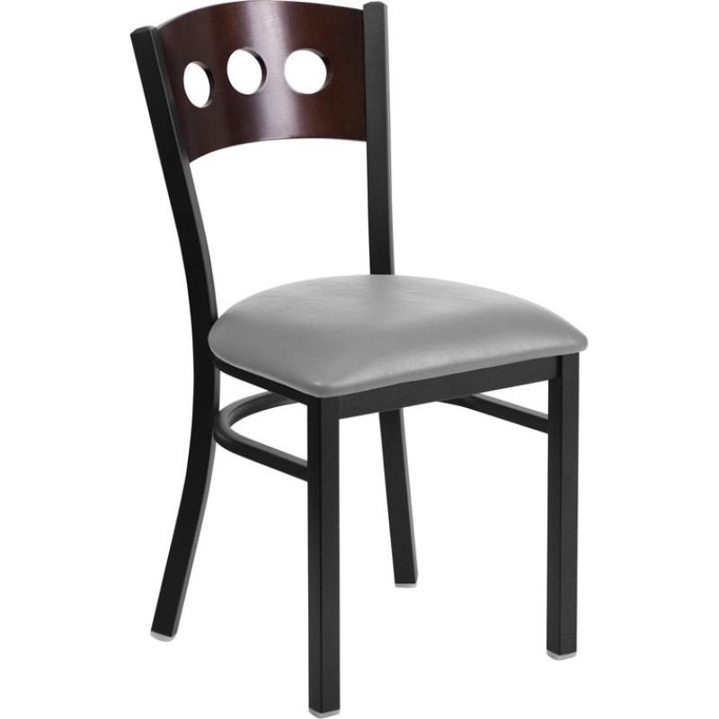 Circle Back Metal Restaurant Chair - Walnut Wood Back, Custom Upholstered Seat