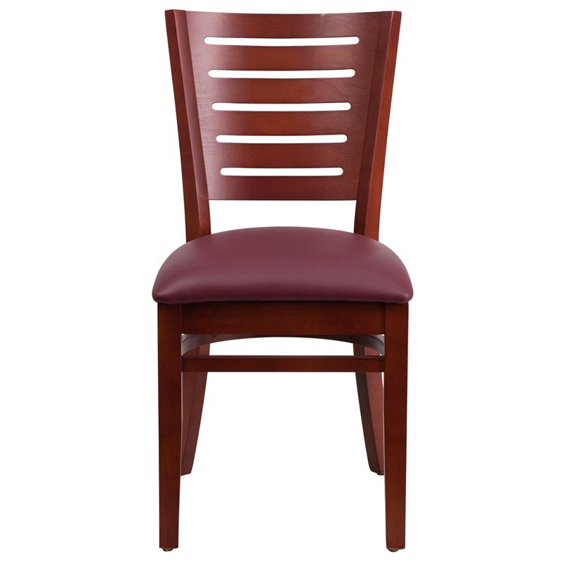 Slat Back Mahogany Wood Restaurant Chair - Burgundy Vinyl Seat