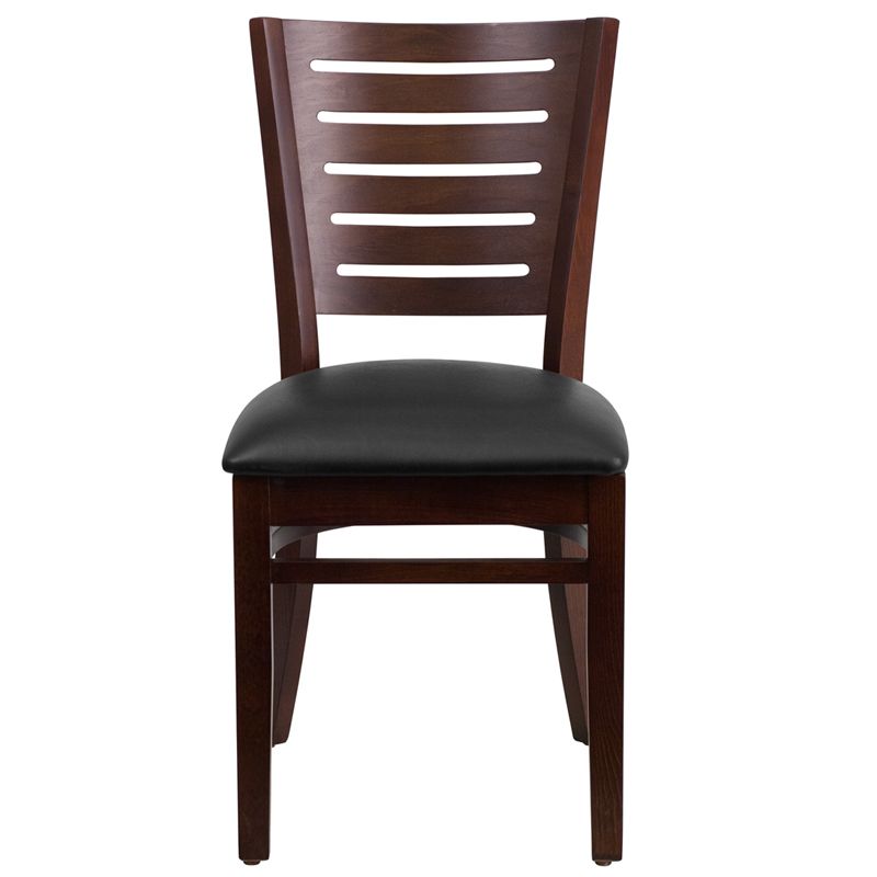 Slat Back Walnut Wood Restaurant Chair - Black Vinyl Seat