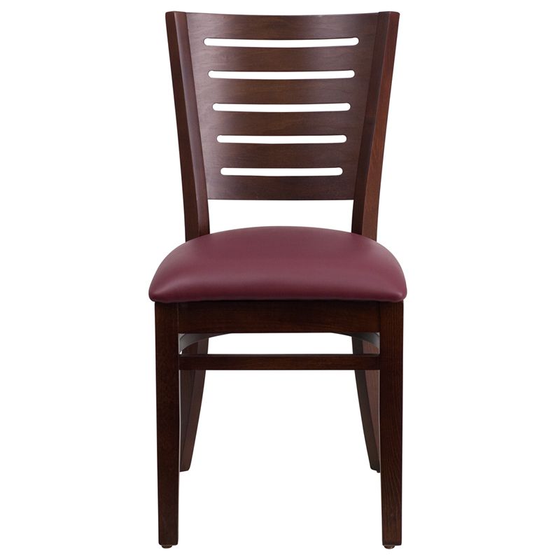 Slat Back Walnut Wood Restaurant Chair - Burgundy Vinyl Seat