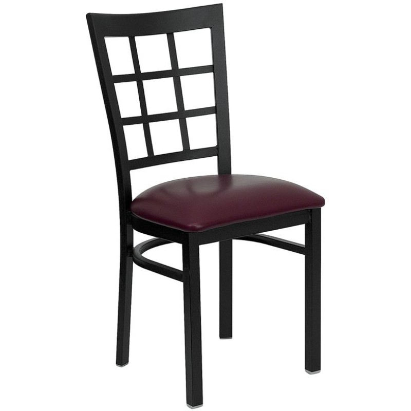 Black Window Back Metal Restaurant Chair - Burgundy Vinyl Seat