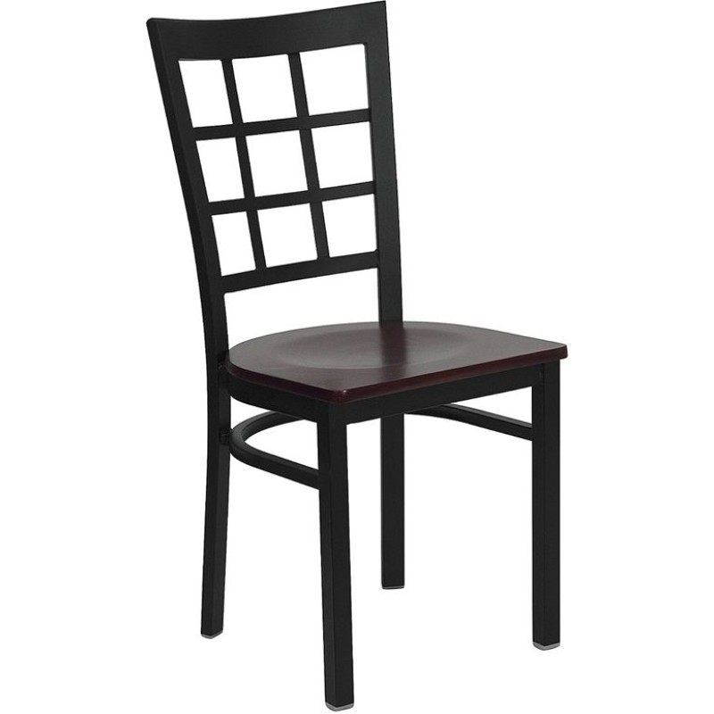 Black Window Back Metal Restaurant Chair - Mahogany Wood Seat