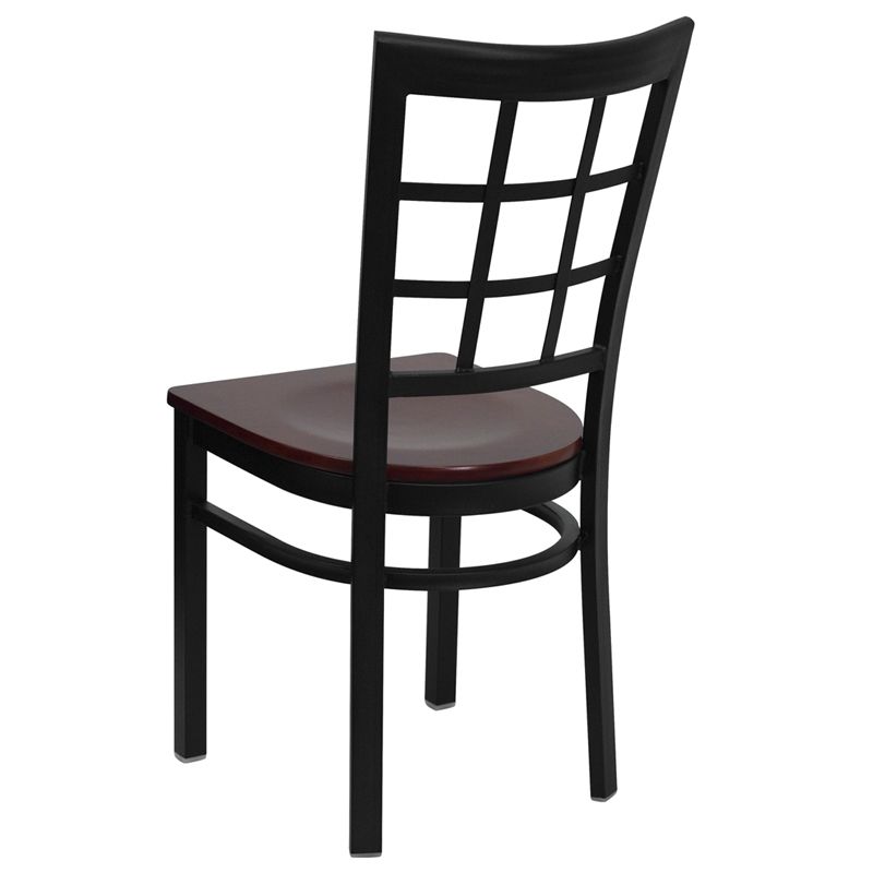 Black Window Back Metal Restaurant Chair - Mahogany Wood Seat