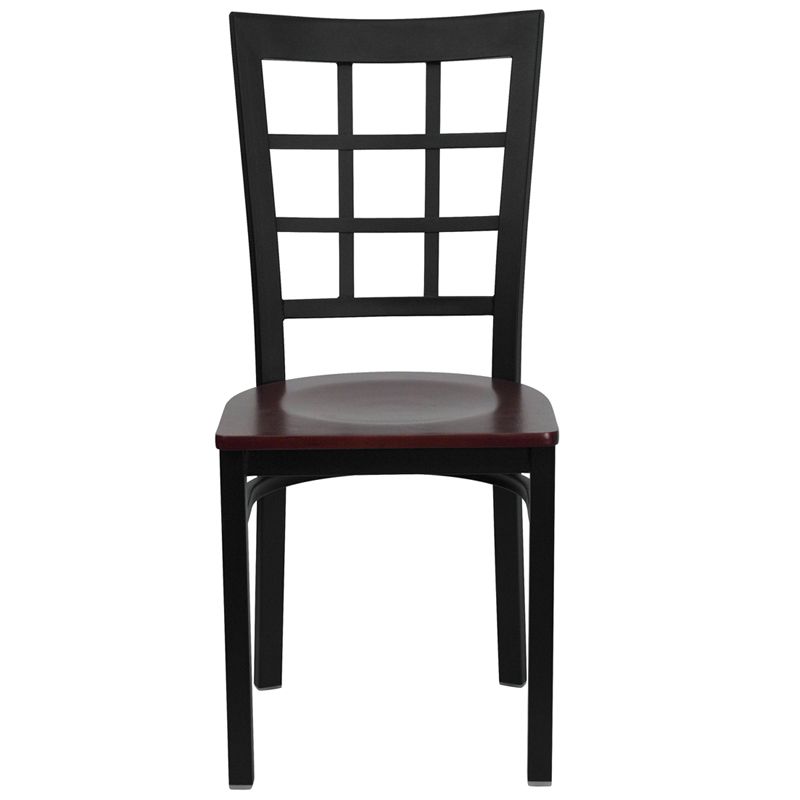 Black Window Back Metal Restaurant Chair - Mahogany Wood Seat