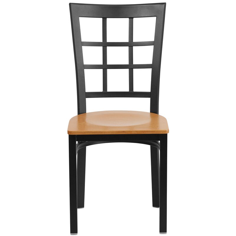 Black Window Back Metal Restaurant Chair - Natural Wood Seat