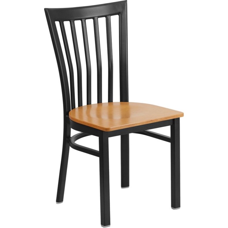 Black School House Back Metal Restaurant Chair - Natural Wood Seat