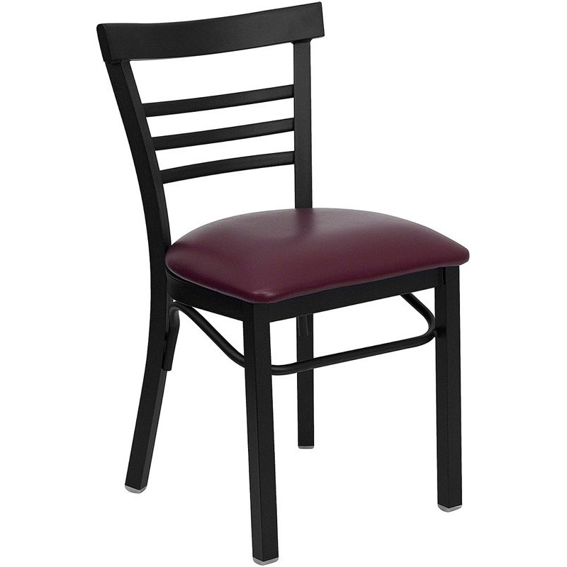 Black Three-Slat Ladder Back Metal Restaurant Chair - Burgundy Vinyl Seat