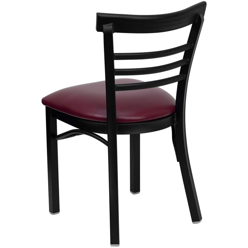 Black Three-Slat Ladder Back Metal Restaurant Chair - Burgundy Vinyl Seat