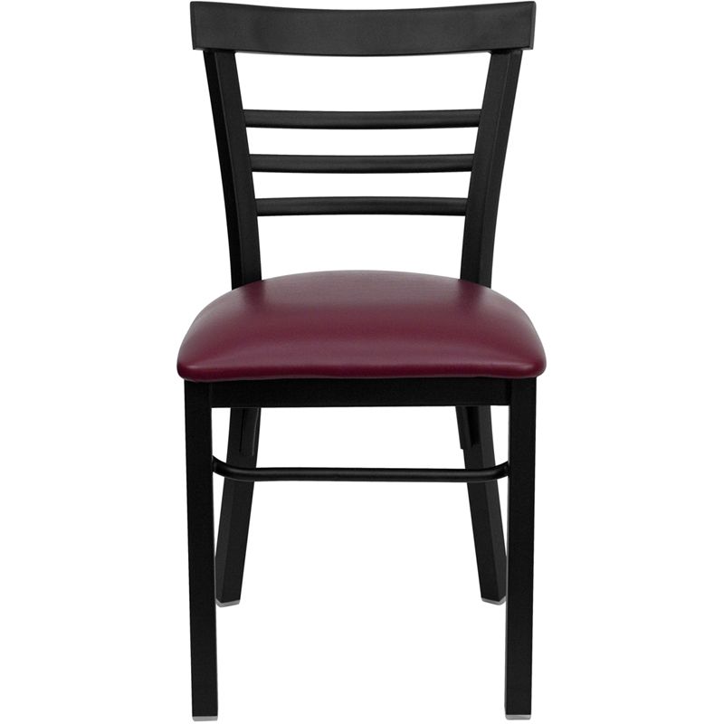 Black Three-Slat Ladder Back Metal Restaurant Chair - Burgundy Vinyl Seat