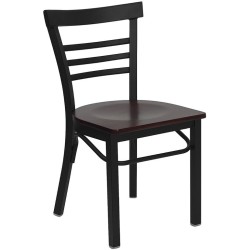 Black Three-Slat Ladder Back Metal Restaurant Chair - Mahogany Wood Seat