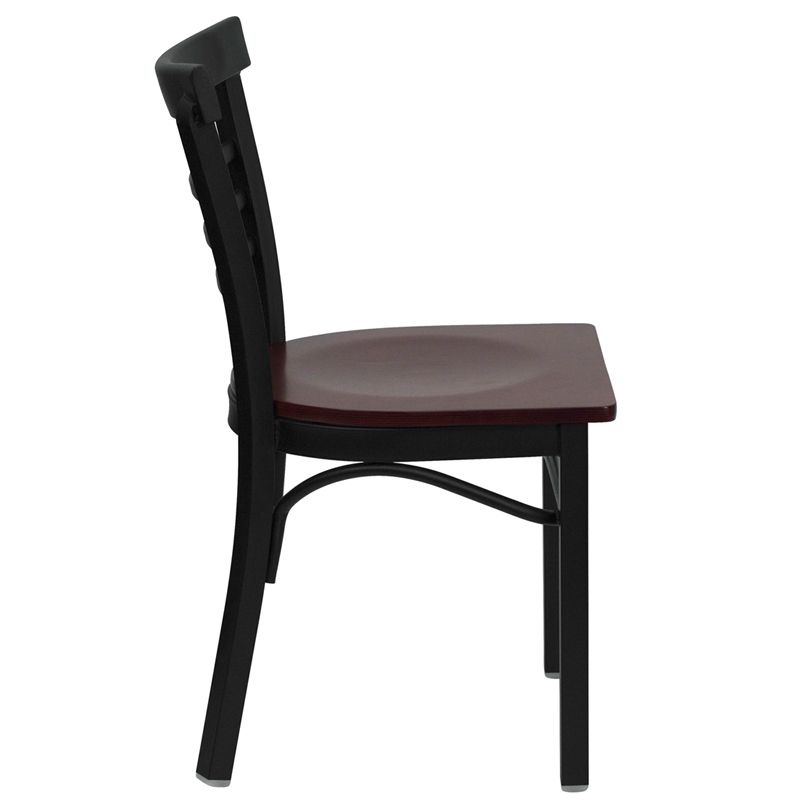 Black Three-Slat Ladder Back Metal Restaurant Chair - Mahogany Wood Seat